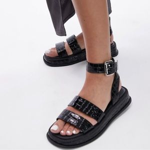 Topshop Grace flat sandal with buckle detail in black croc